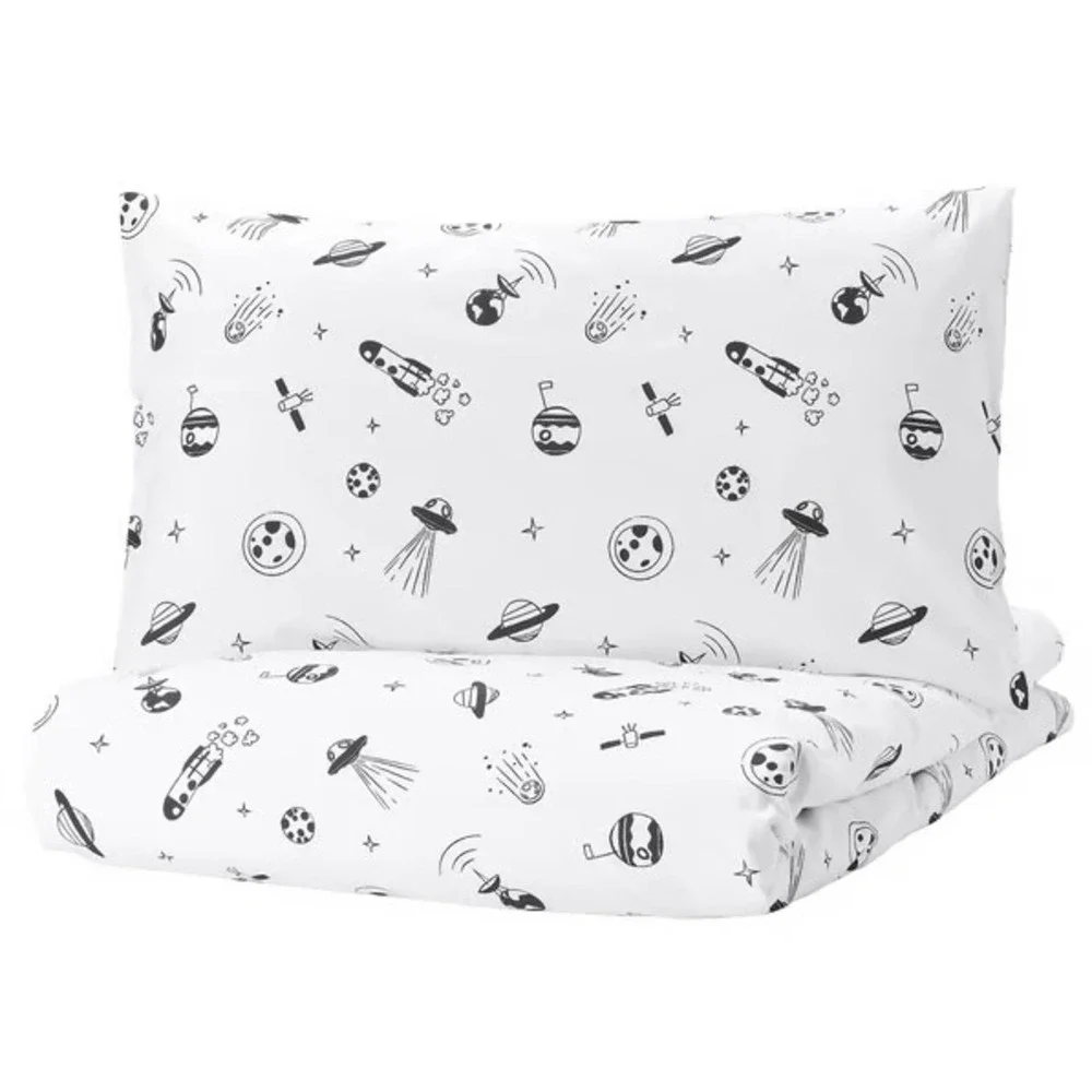 IKEA AFTONSPARV Twin Duvet Cover Set Space UFO Planet White Black 905.540.34 NEW